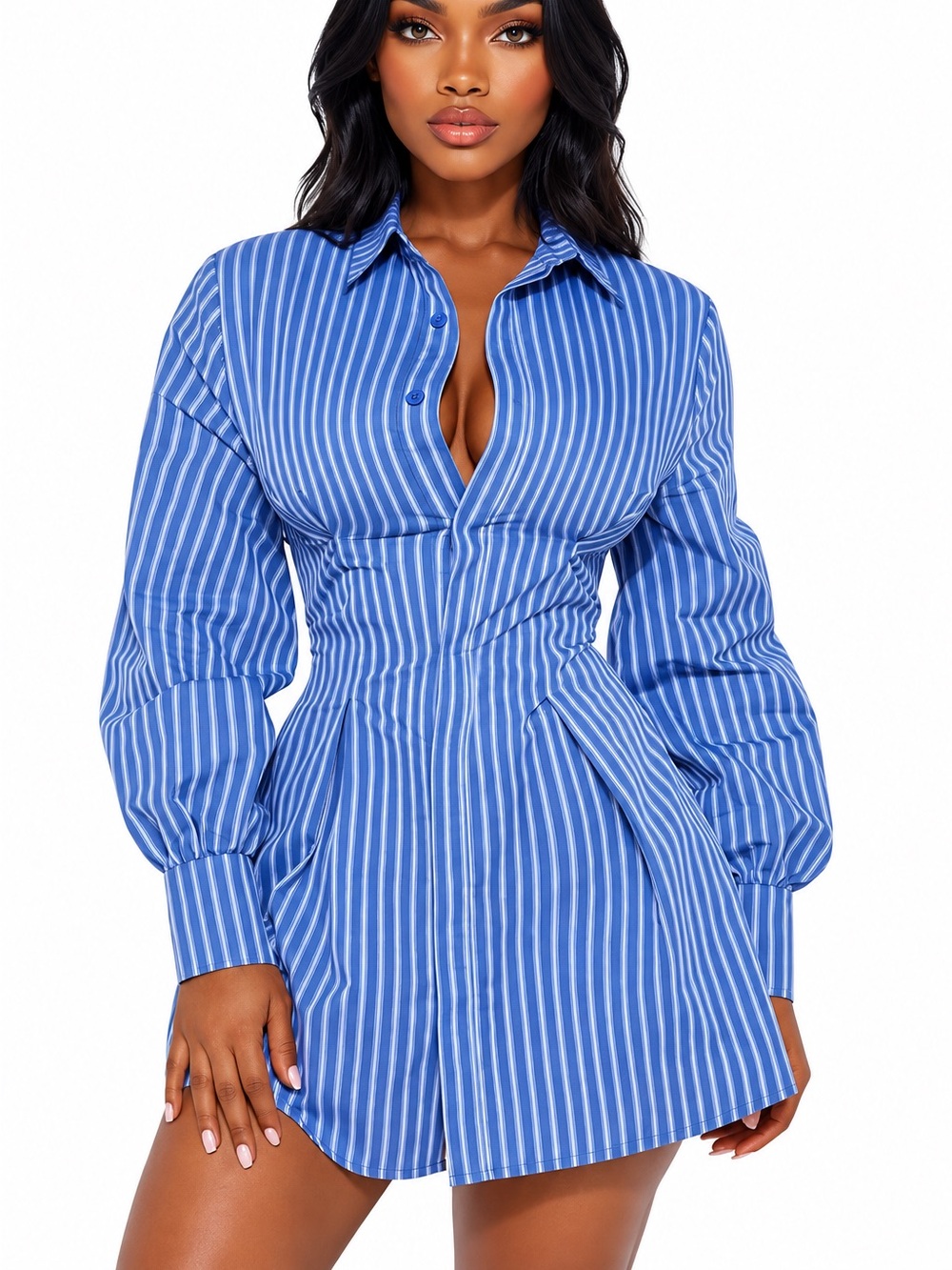 Fashion Nova Blue & White Kaila Striped Long Sleeve Shirt Dress